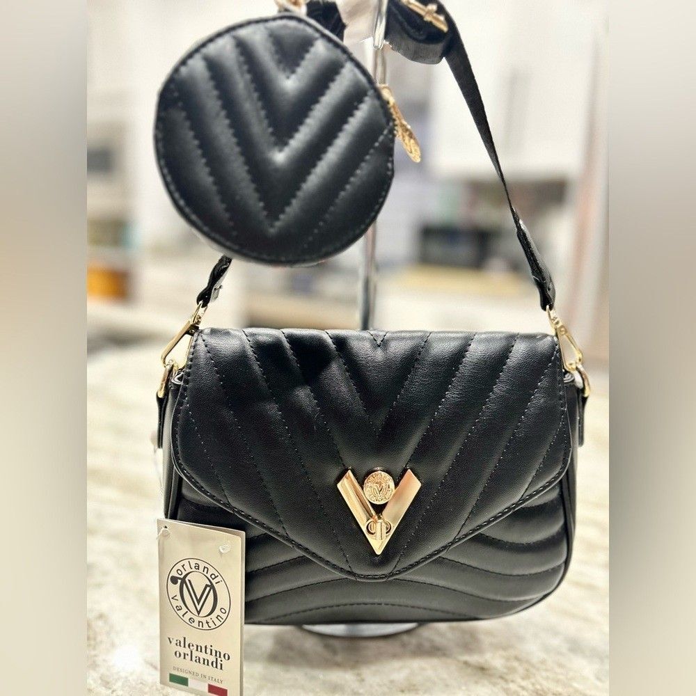 Valentino Orlandi Black Quilted Crossbody Bag Vegan Leather Guitar Strap NWT